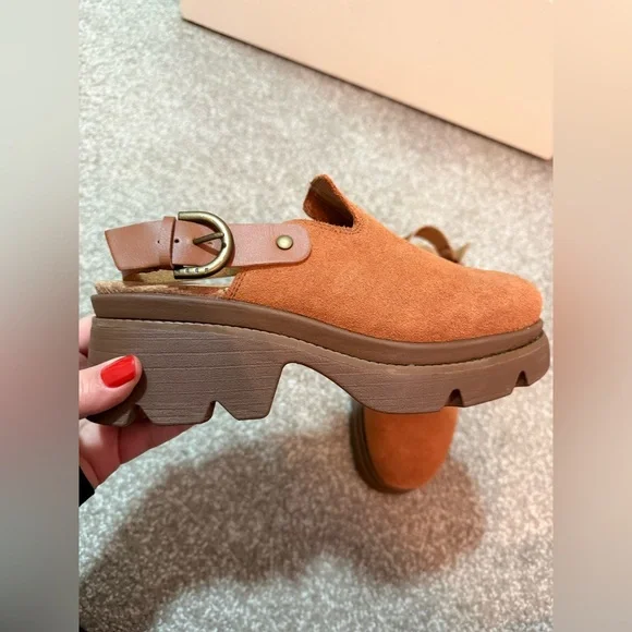 Suede Platform Clog Sandals Chunky Heel | Brown | Size 9 - Picture 2 of 6